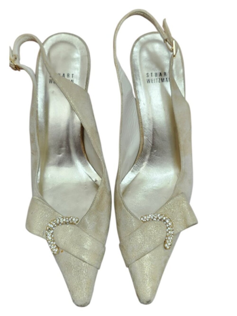 Stuart Weitzman Slingback Heels Beige Suede Rhinestone Buckle Pointed Toe US 8 M - Picture 2 of 11